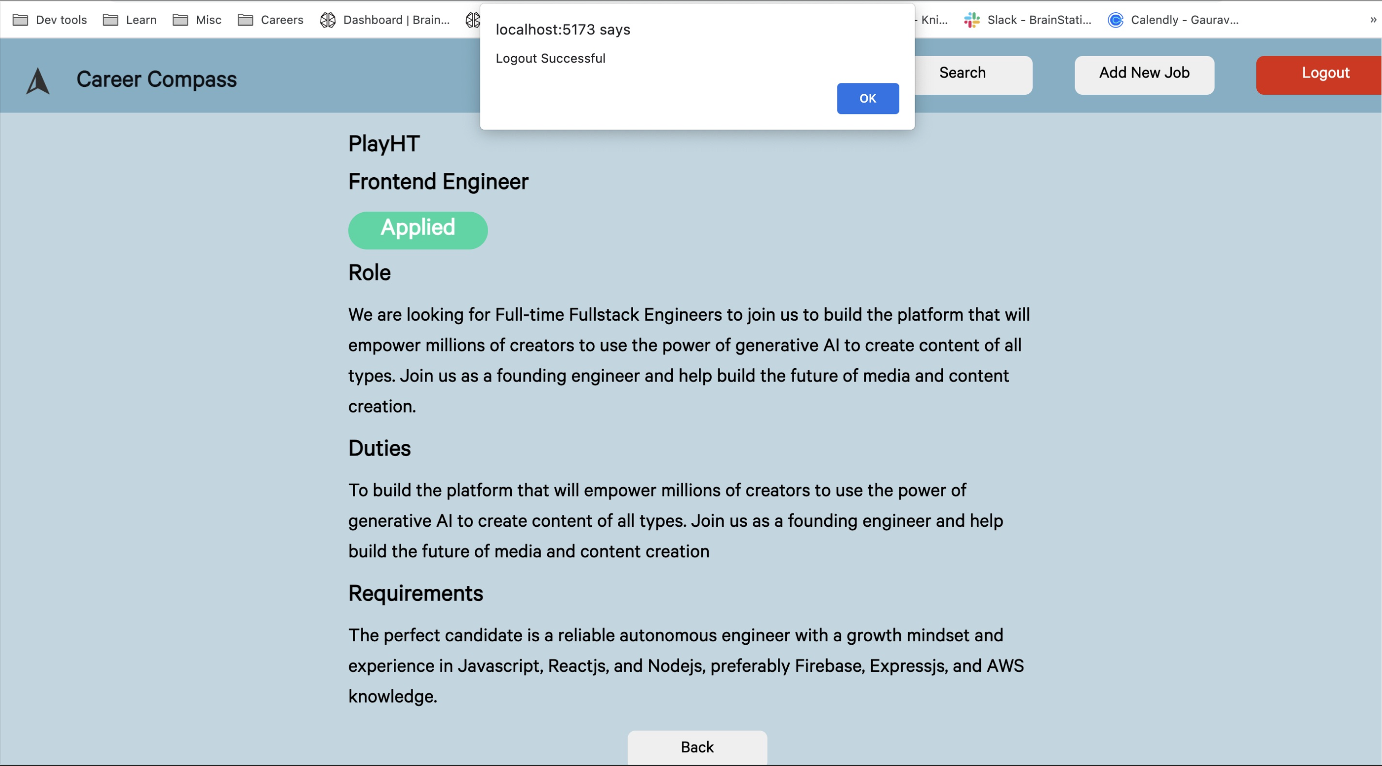 Career Compass Signout popup